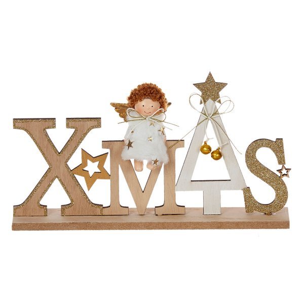 Χριστουγεννιάτικο Διακοσμητικό Ξύλινο "XMAS" με Αγγελάκι και Δέντρακι (27cm)